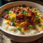A close-up of a creamy potato soup recipe topped generously with bacon, shredded cheddar cheese, and green onions.