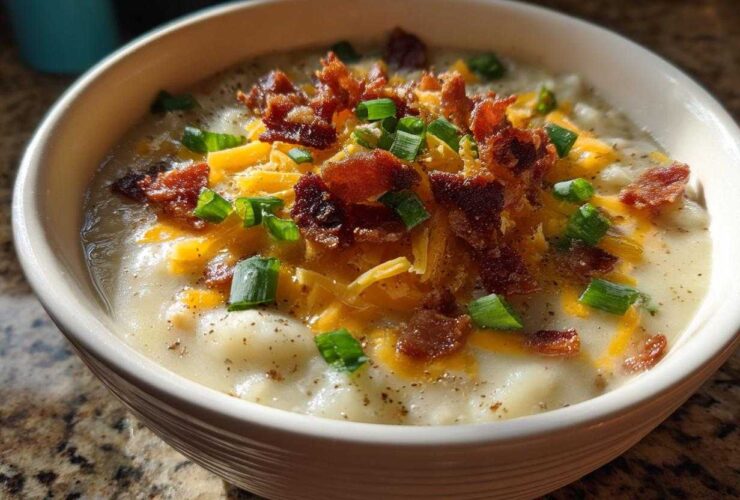 A close-up of a creamy potato soup recipe topped generously with bacon, shredded cheddar cheese, and green onions.