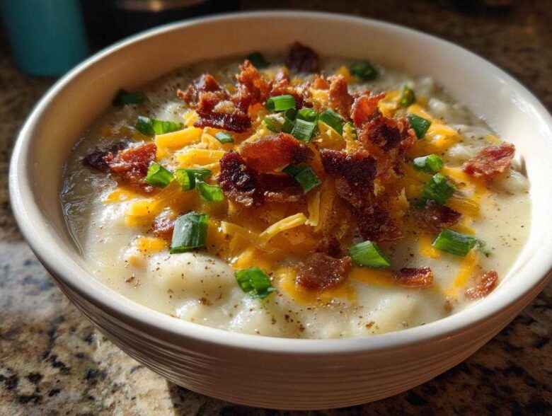 A close-up of a creamy potato soup recipe topped generously with bacon, shredded cheddar cheese, and green onions.