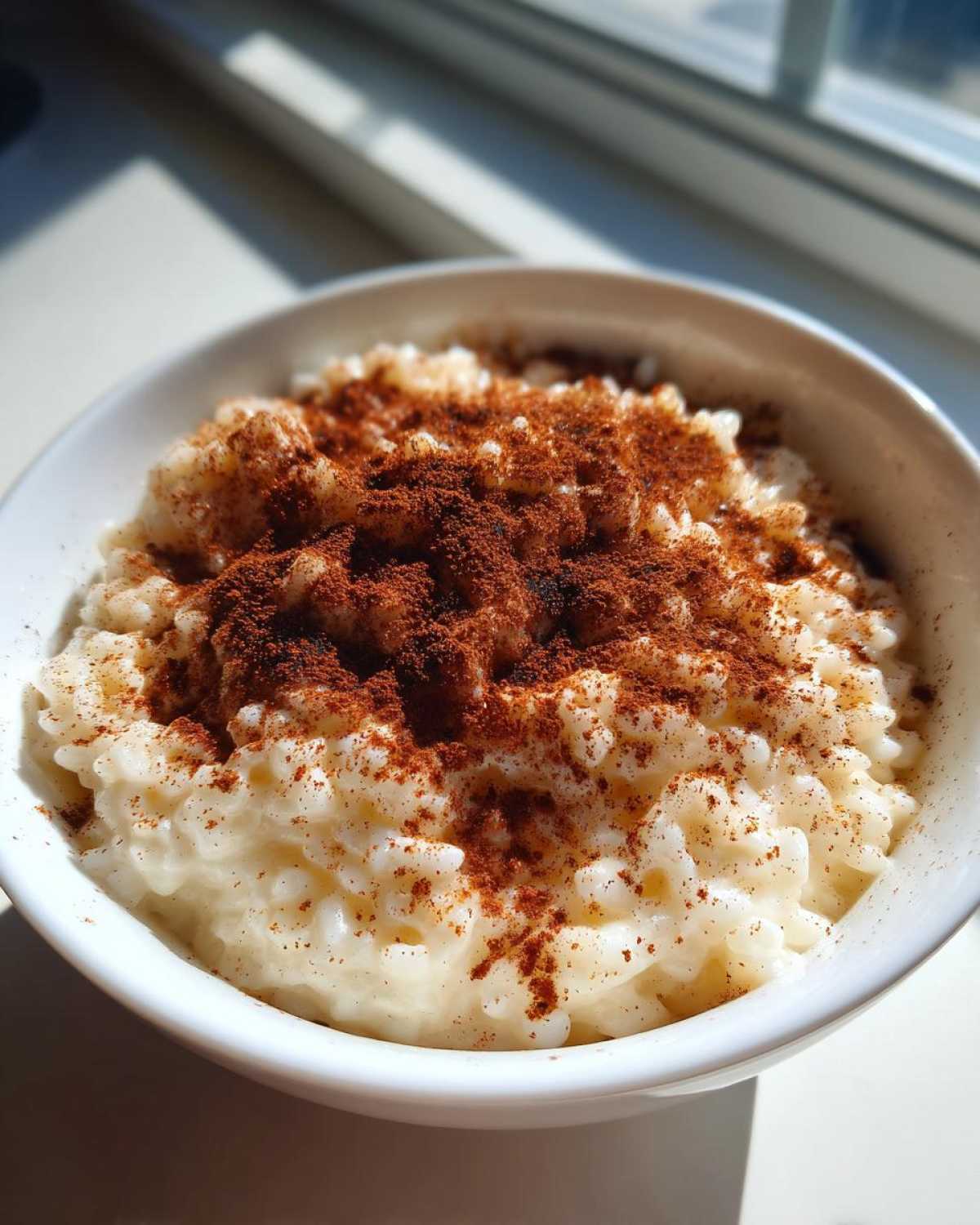 A close-up of a creamy rice pudding recipe served in a white bowl, heavily dusted with ground cinnamon.
