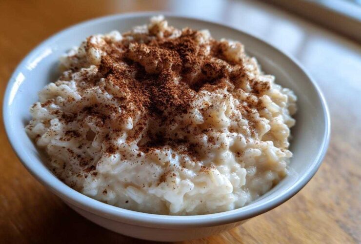 A close-up of a creamy bowl of rice pudding recipe generously dusted with ground cinnamon.
