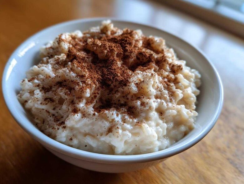 A close-up of a creamy bowl of rice pudding recipe generously dusted with ground cinnamon.