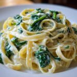 Close-up of creamy spinach pasta featuring fettuccine noodles coated in a rich white sauce with bright green spinach.