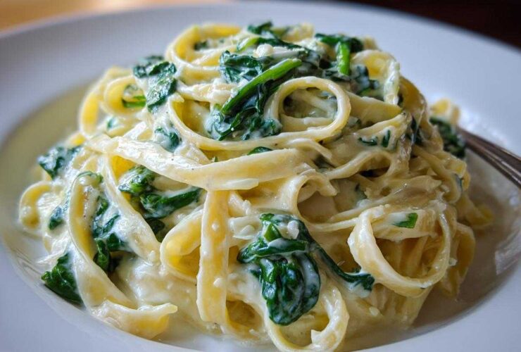 Close-up of creamy spinach pasta featuring fettuccine noodles coated in a rich white sauce with bright green spinach.