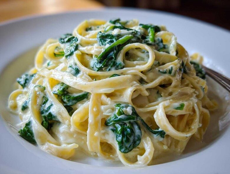 Close-up of creamy spinach pasta featuring fettuccine noodles coated in a rich white sauce with bright green spinach.