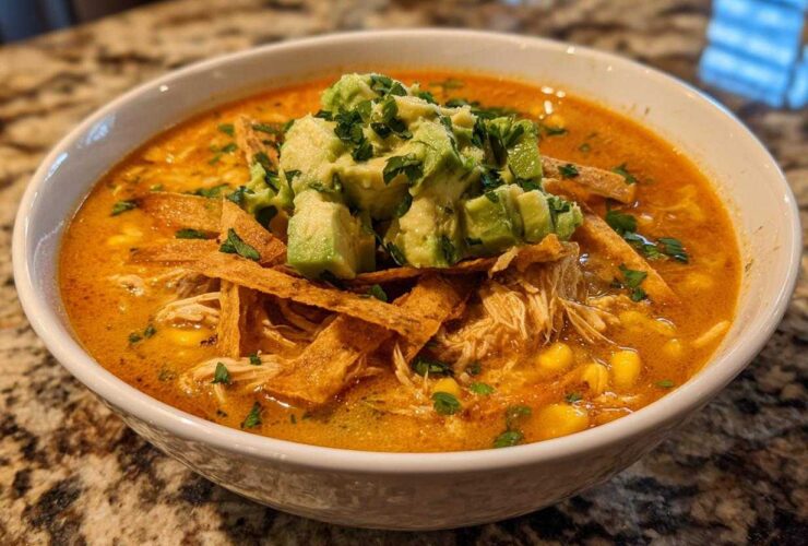 A close-up of a bowl of creamy tortilla soup garnished with shredded chicken, corn, avocado chunks, and crispy tortilla strips.