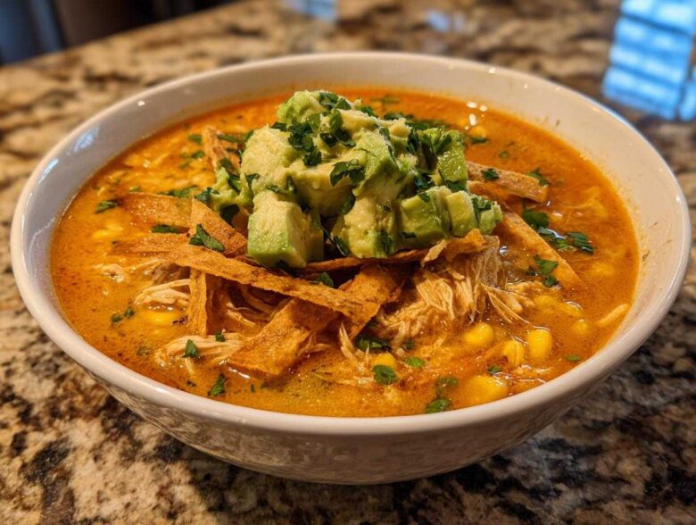 A close-up of a bowl of creamy tortilla soup garnished with shredded chicken, corn, avocado chunks, and crispy tortilla strips.
