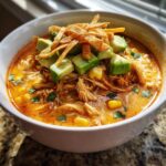 Close-up of a bowl of creamy tortilla soup filled with shredded chicken, corn, topped with avocado chunks and crispy tortilla strips.