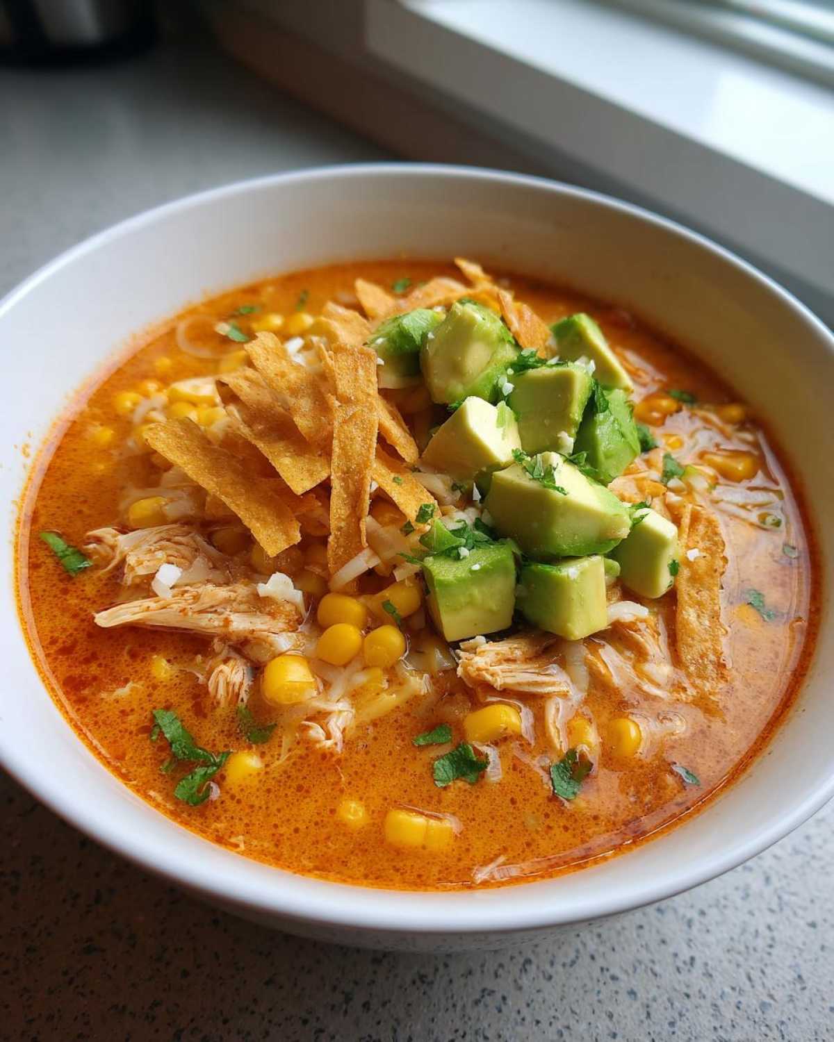 Close-up of a bowl of creamy tortilla soup featuring shredded chicken, corn, avocado chunks, and crispy tortilla strips.
