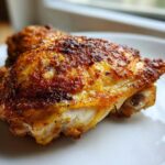 Close-up of perfectly cooked, crispy-skinned chicken thighs resting on a white plate.