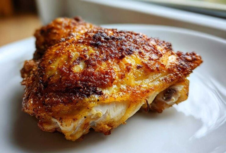 Close-up of perfectly cooked, crispy-skinned chicken thighs resting on a white plate.