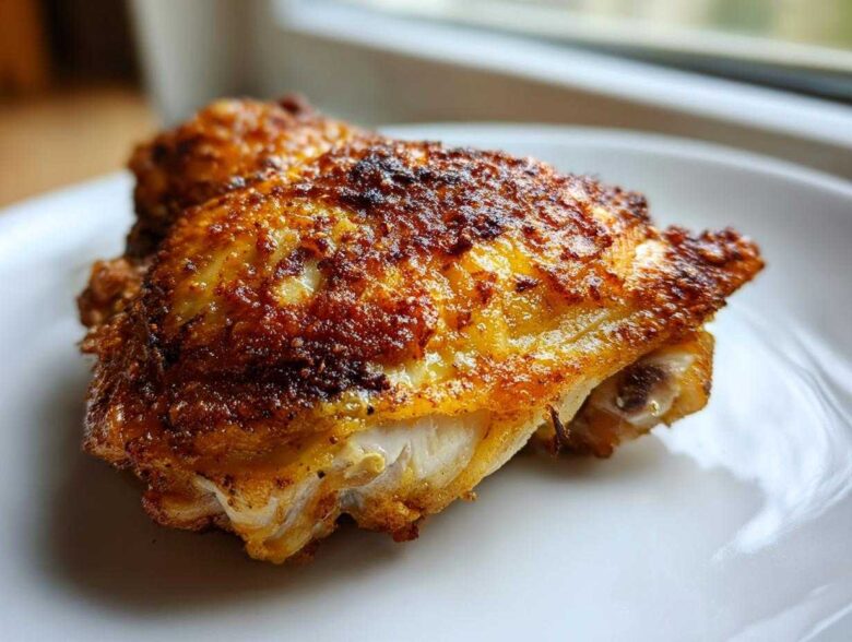 Close-up of perfectly cooked, crispy-skinned chicken thighs resting on a white plate.