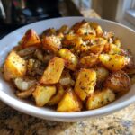 Close-up of golden brown, crispy breakfast potatoes mixed with sautéed onions and herbs in a white bowl.