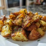 A close-up of perfectly crispy, golden brown breakfast potatoes seasoned with herbs, served on a white rectangular plate.