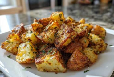 A close-up of perfectly crispy, golden brown breakfast potatoes seasoned with herbs, served on a white rectangular plate.