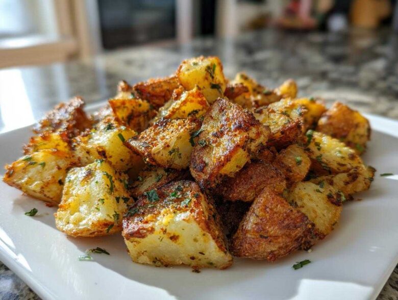 A close-up of perfectly crispy, golden brown breakfast potatoes seasoned with herbs, served on a white rectangular plate.