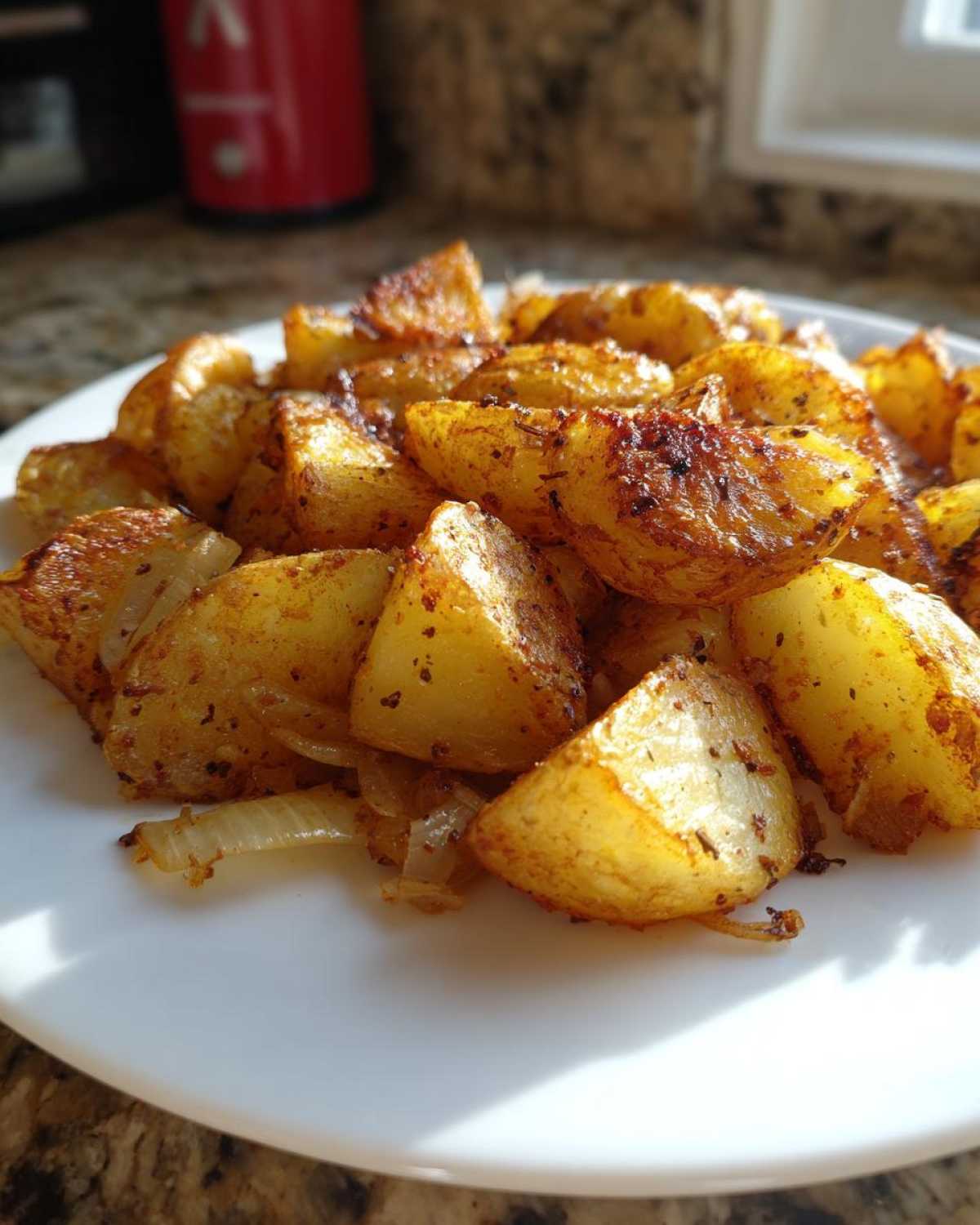 Close-up of golden brown, crispy breakfast potatoes mixed with sautéed onions on a white plate.