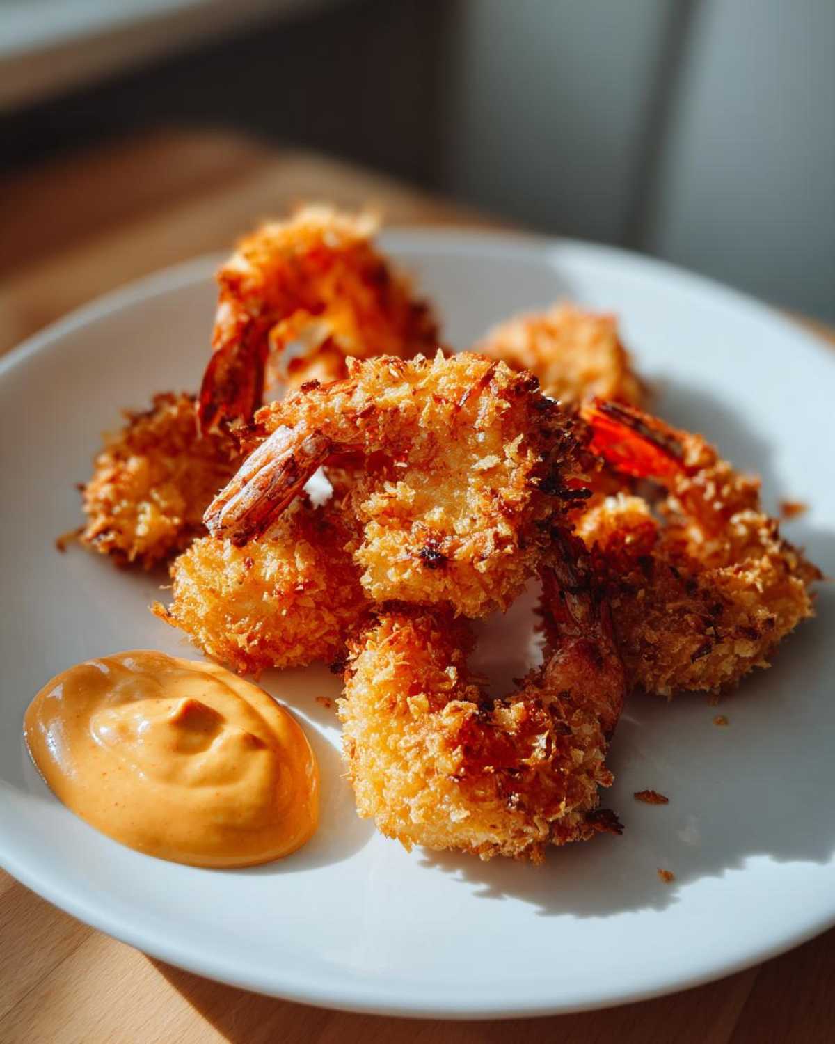Close-up of golden brown, crispy coconut shrimp served on a white plate with a side of orange dipping sauce.