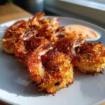 Close-up of golden brown, crispy baked coconut shrimp served with a side of dipping sauce.