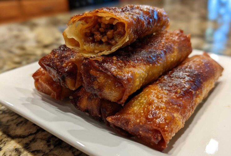 A stack of golden brown, crispy egg roll appetizers, with one cut open to show the savory meat filling.