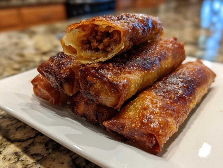 A stack of golden brown, crispy egg roll appetizers, with one cut open to show the savory meat filling.