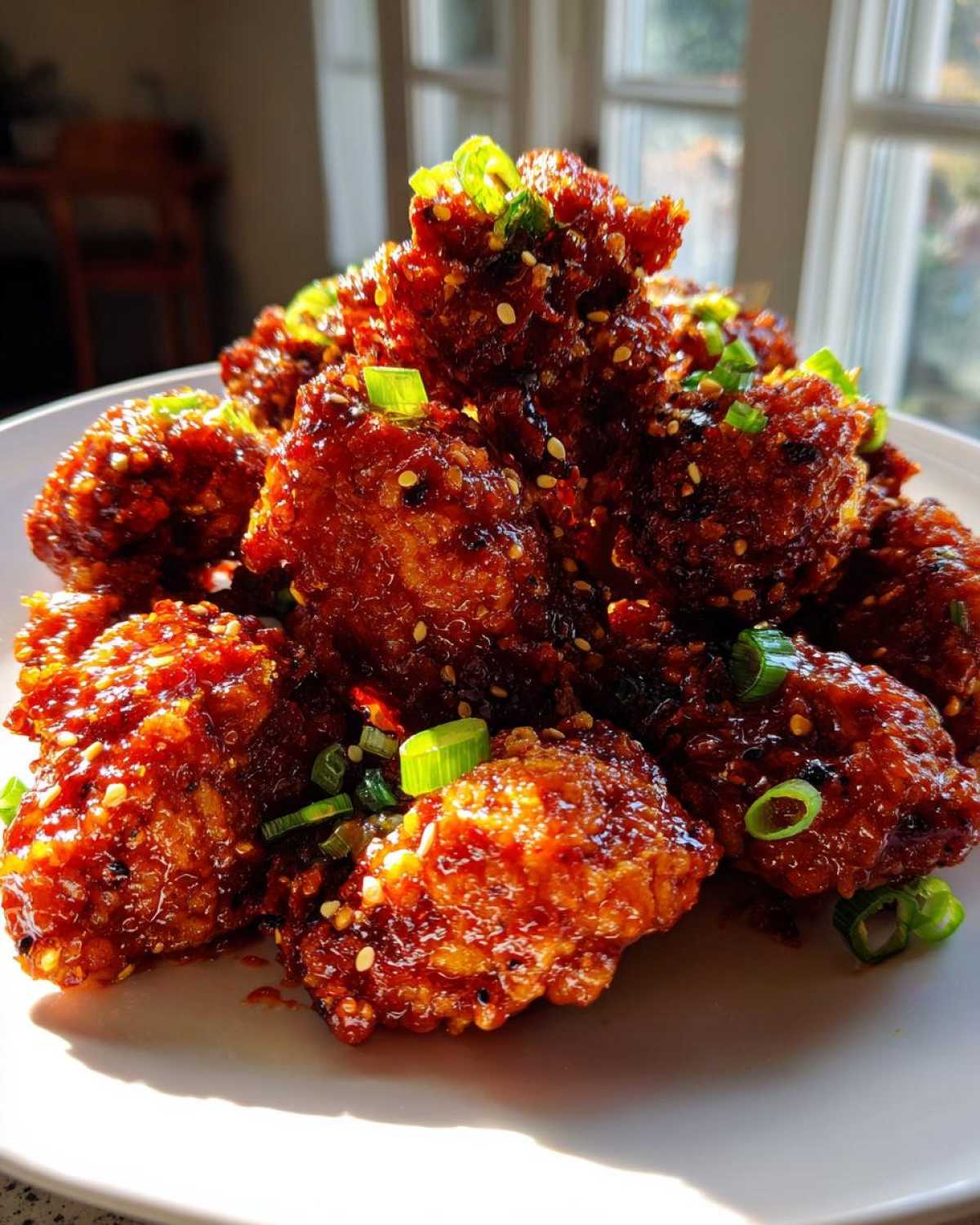 Close-up of glossy, deep-red Korean fried chicken pieces piled high, garnished with sesame seeds and green onions.