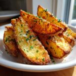 Close-up of golden brown, crispy potato wedges topped with grated Parmesan cheese and fresh parsley.