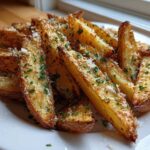 A pile of golden brown, crispy potato wedges seasoned with grated Parmesan cheese and fresh parsley.