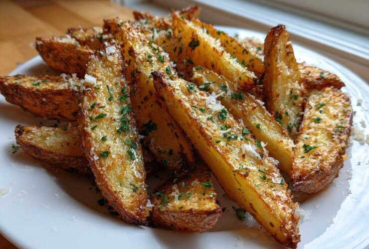 A pile of golden brown, crispy potato wedges seasoned with grated Parmesan cheese and fresh parsley.