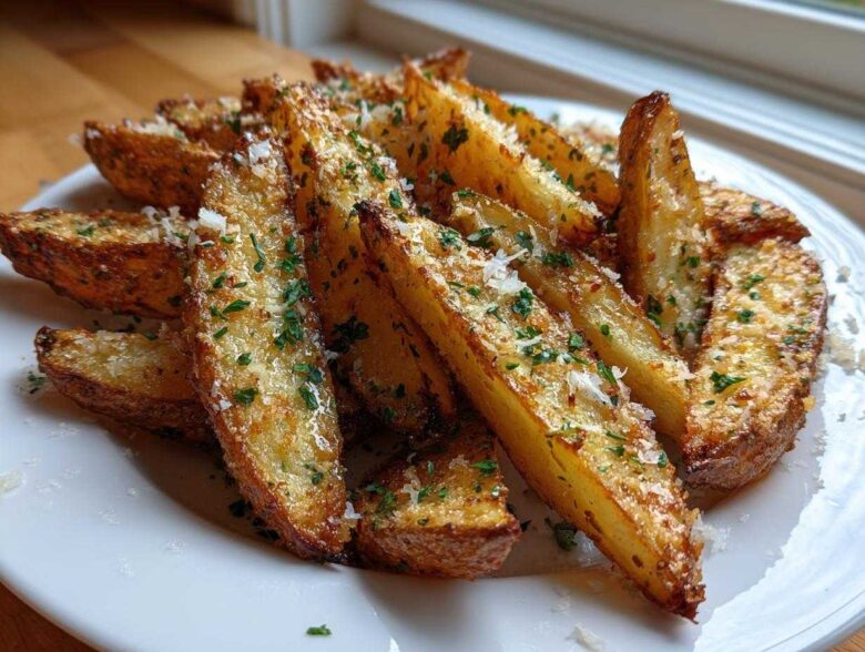 A pile of golden brown, crispy potato wedges seasoned with grated Parmesan cheese and fresh parsley.