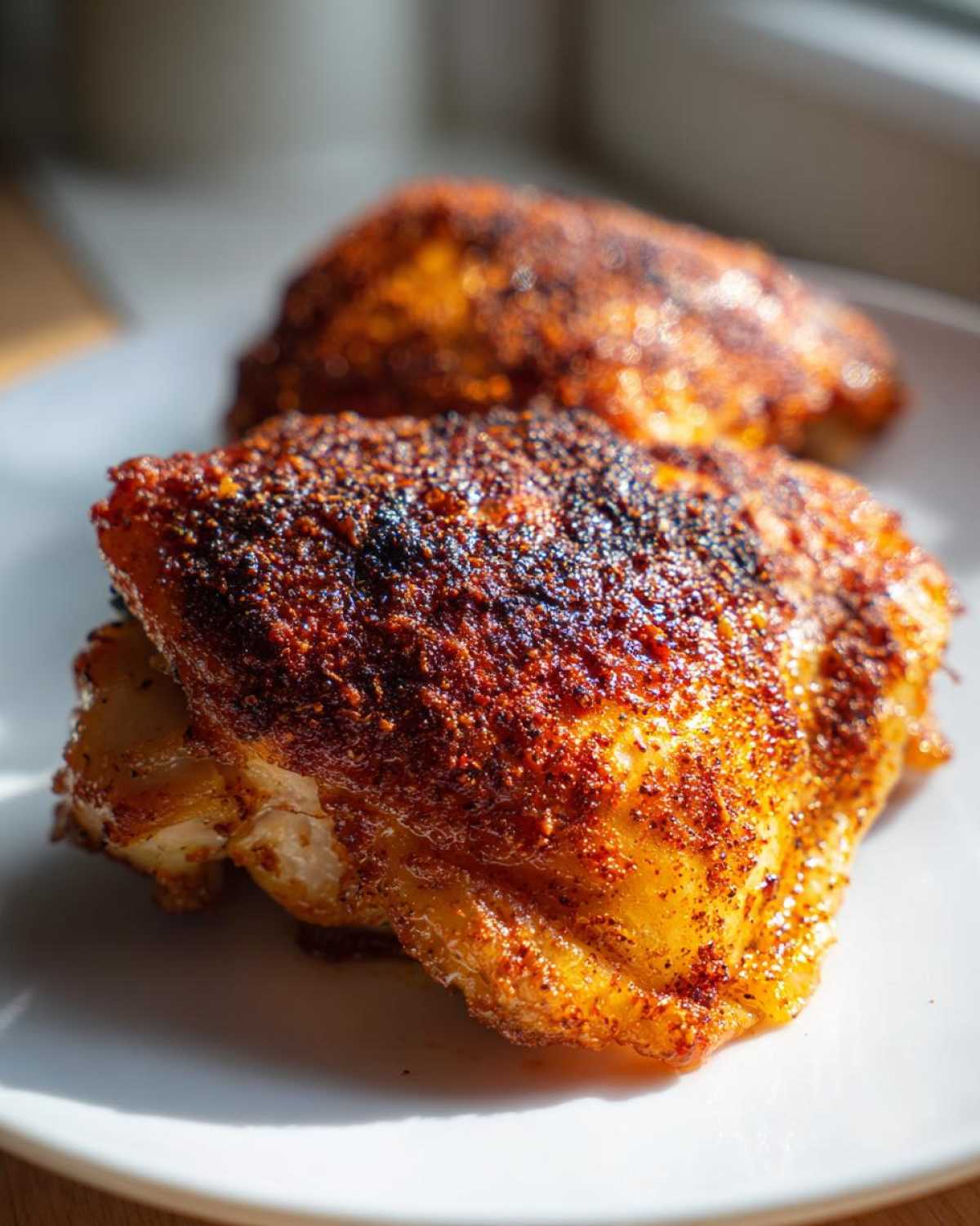 Close-up of two perfectly cooked, crispy, and heavily seasoned chicken thighs on a white plate.