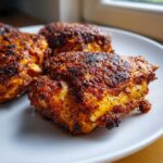 Close-up of three perfectly cooked, heavily seasoned, and crispy chicken thighs on a white plate.