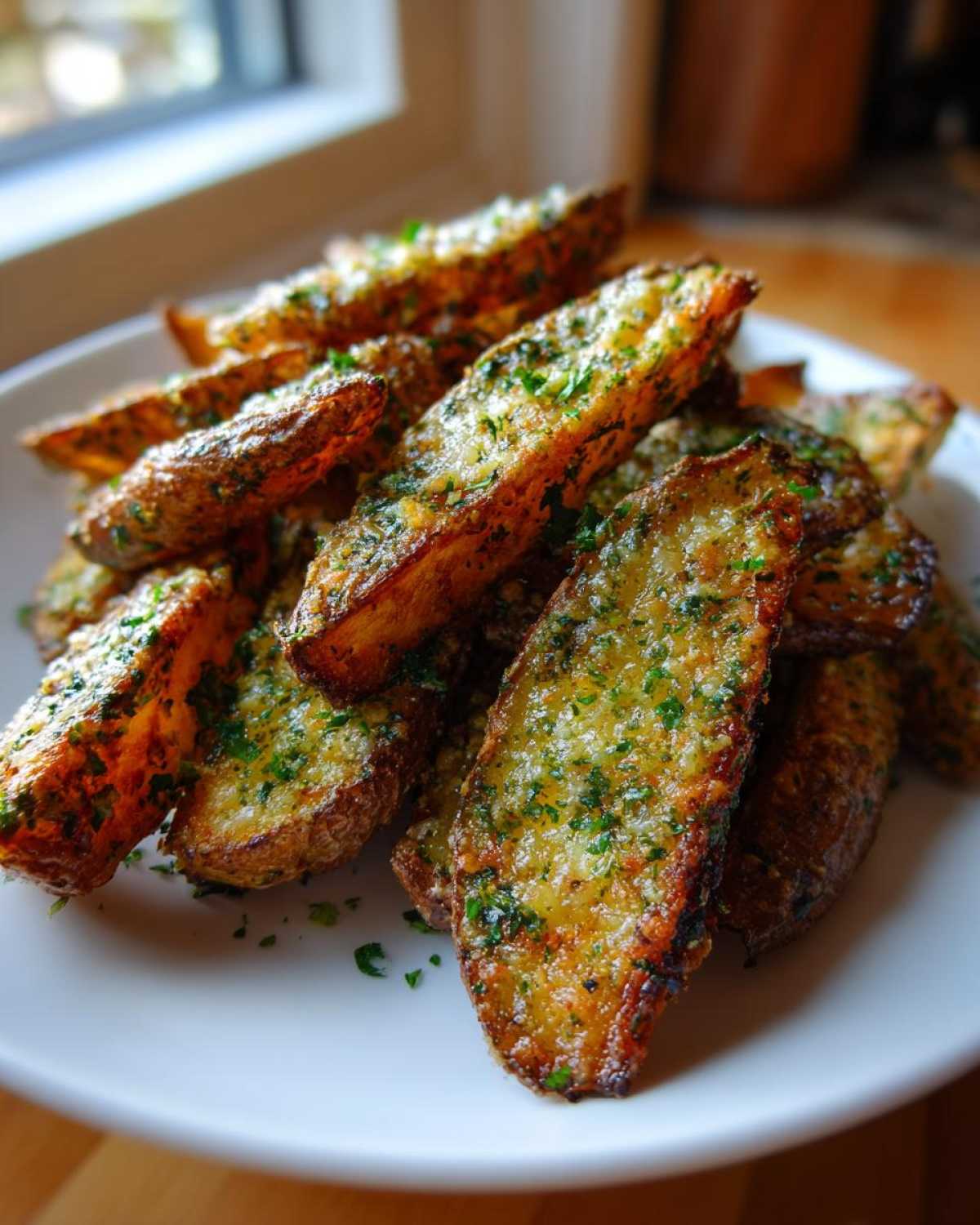 A close-up of a pile of golden brown, crispy potato wedges seasoned with herbs and spices, served on a white plate.