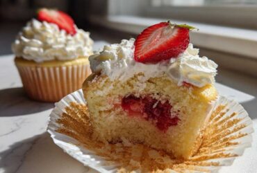 A cross-section view of a strawberry shortcake cupcake showing the filling, topped with whipped cream and a fresh strawberry slice.