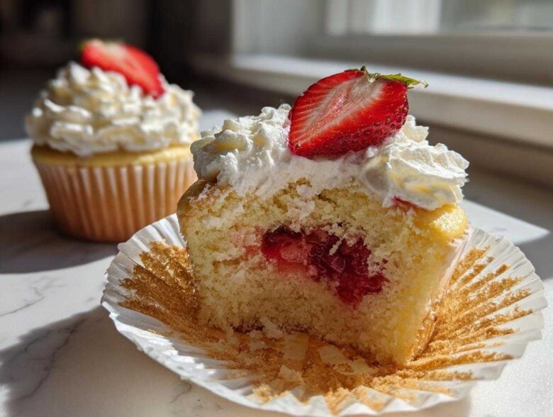 A cross-section view of a strawberry shortcake cupcake showing the filling, topped with whipped cream and a fresh strawberry slice.