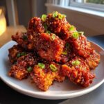 A mound of sticky, glazed korean fried chicken pieces topped with sesame seeds and chopped green onions.