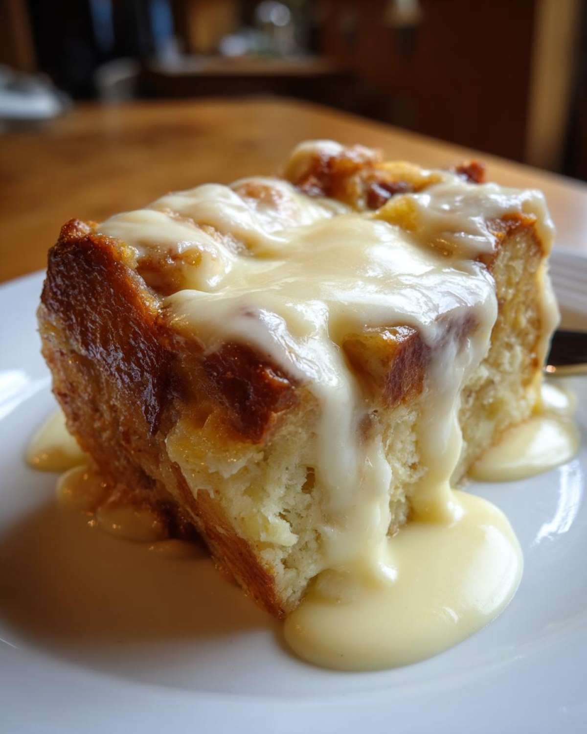 Close-up of a generous slice of golden brown bread pudding drenched in rich vanilla cream sauce.