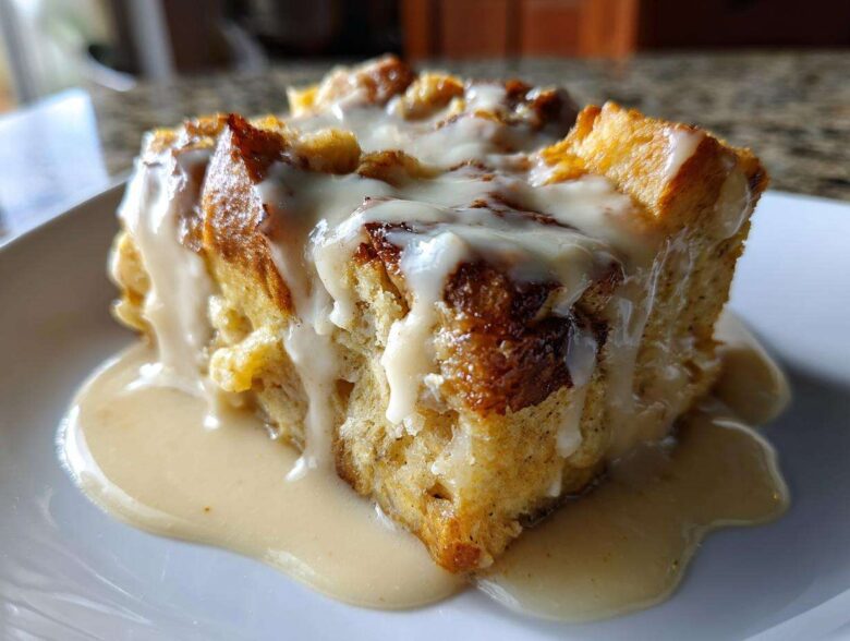 A close-up of a square slice of rich bread pudding generously topped with a thick vanilla cream sauce.