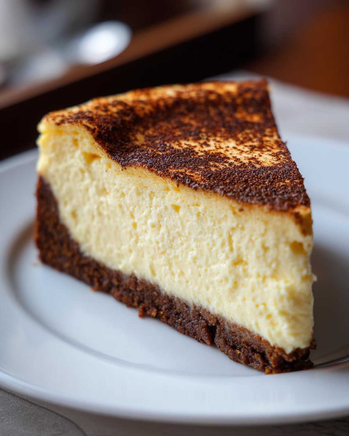 A close-up of a thick slice of creamy eggnog cheesecake with a dark crust and sprinkled nutmeg topping.