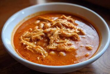 Close-up of a white bowl filled with vibrant orange buffalo chicken chili, featuring shredded chicken and white beans.