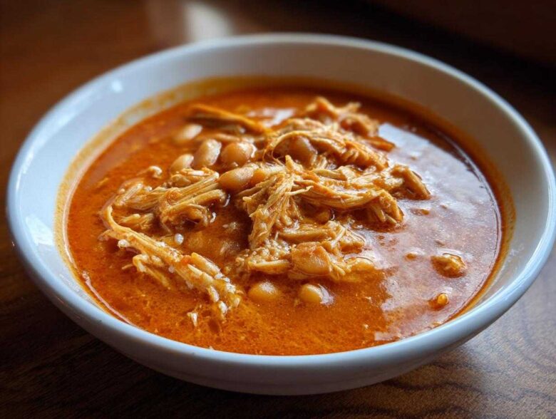 Close-up of a white bowl filled with vibrant orange buffalo chicken chili, featuring shredded chicken and white beans.