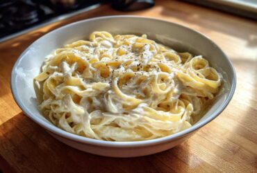 A white bowl filled with fettuccine pasta generously coated in creamy homemade alfredo sauce and topped with black pepper.