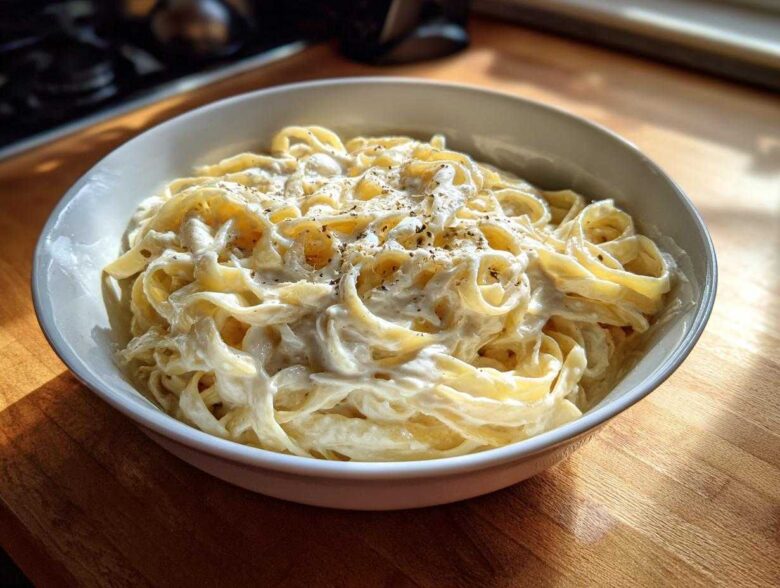 A white bowl filled with fettuccine pasta generously coated in creamy homemade alfredo sauce and topped with black pepper.