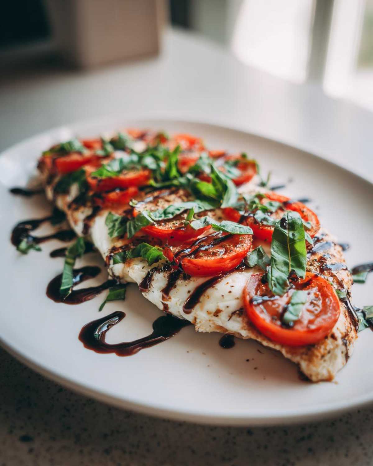 A close-up of finished caprese chicken topped with melted mozzarella, sliced tomatoes, fresh basil, and balsamic glaze.