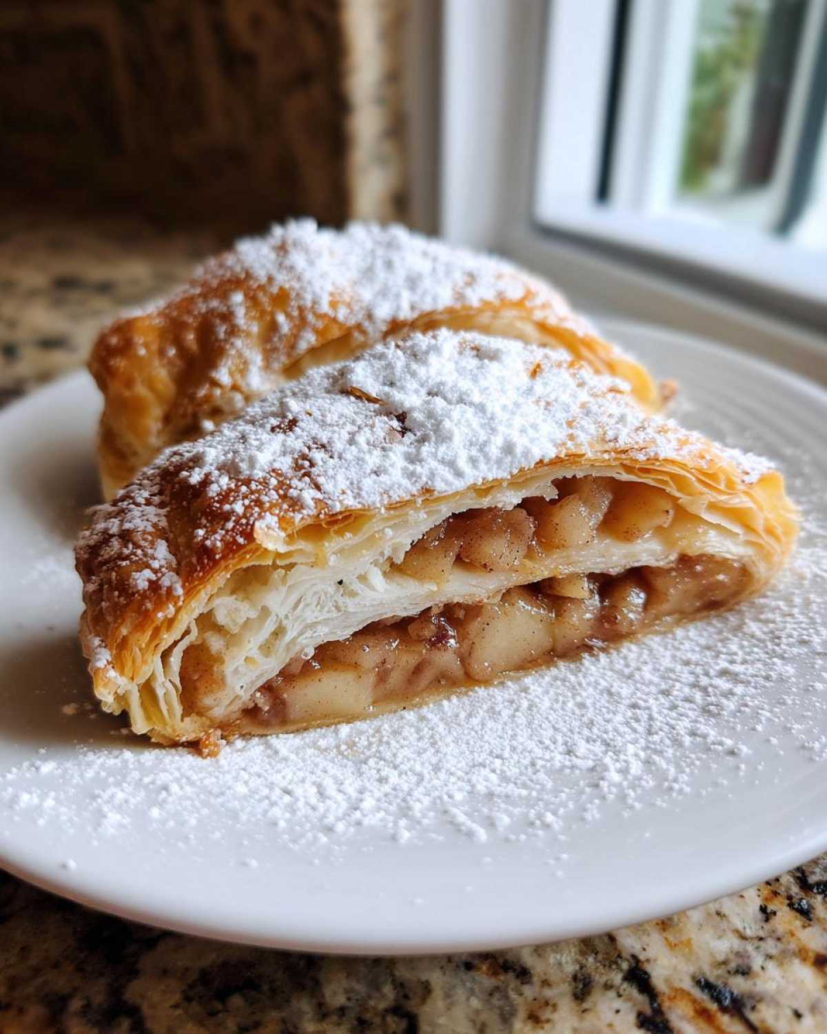 Close-up of a flaky, golden-brown apple strudel slice generously dusted with powdered sugar.