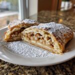 Two cross-sections of flaky apple strudel filled with spiced apples, dusted heavily with powdered sugar.