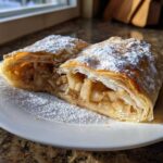 Two cross-sections of flaky apple strudel, generously dusted with powdered sugar, served on a white plate.