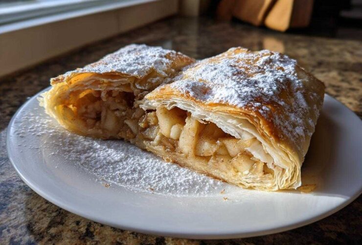 Two cross-sections of flaky apple strudel, generously dusted with powdered sugar, served on a white plate.