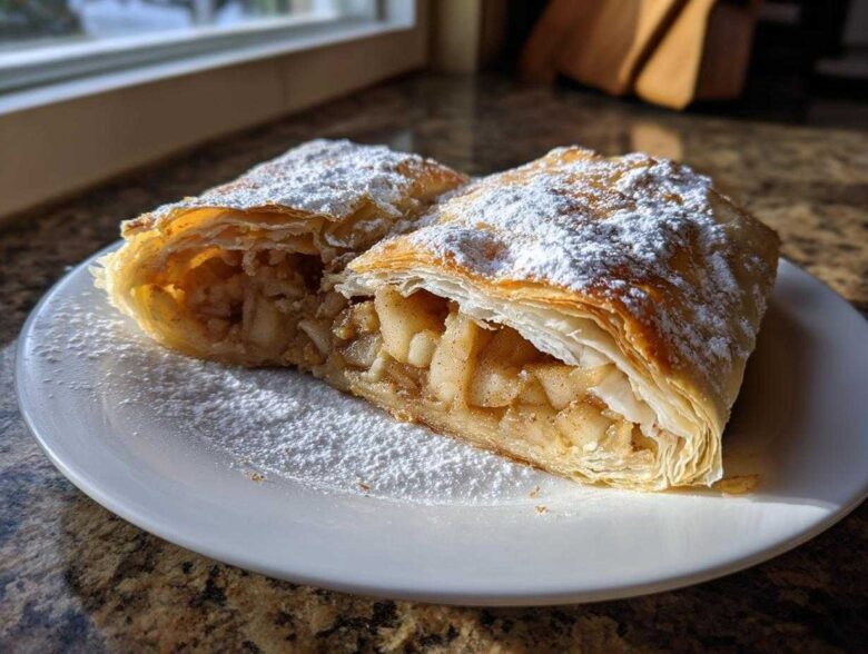 Two cross-sections of flaky apple strudel, generously dusted with powdered sugar, served on a white plate.