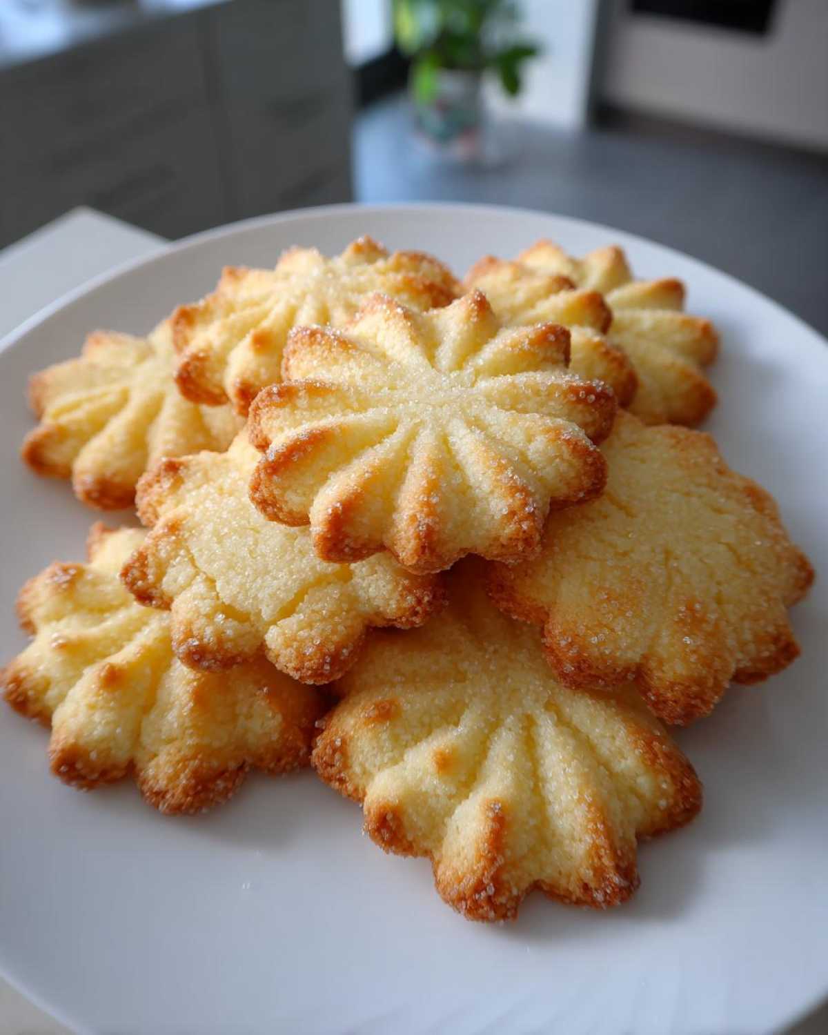 A stack of freshly baked, golden butter cookies shaped like flowers and sprinkled with sugar.